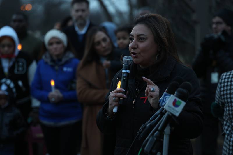 Bolingbrook Mayor Mary Alexander-Basta encourages the people that the community will stand together during the candlelight vigil for the victims of the March 5th shooting on Wednesday, March 8th, 2023 in Bolingbrook.