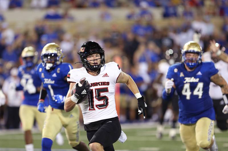 NIU wide receiver Cole Tucker streaks downfield in the Huskies' 38-35 loss to Tulsa on Sept. 10, 2022 in Tulsa, Oklahoma.