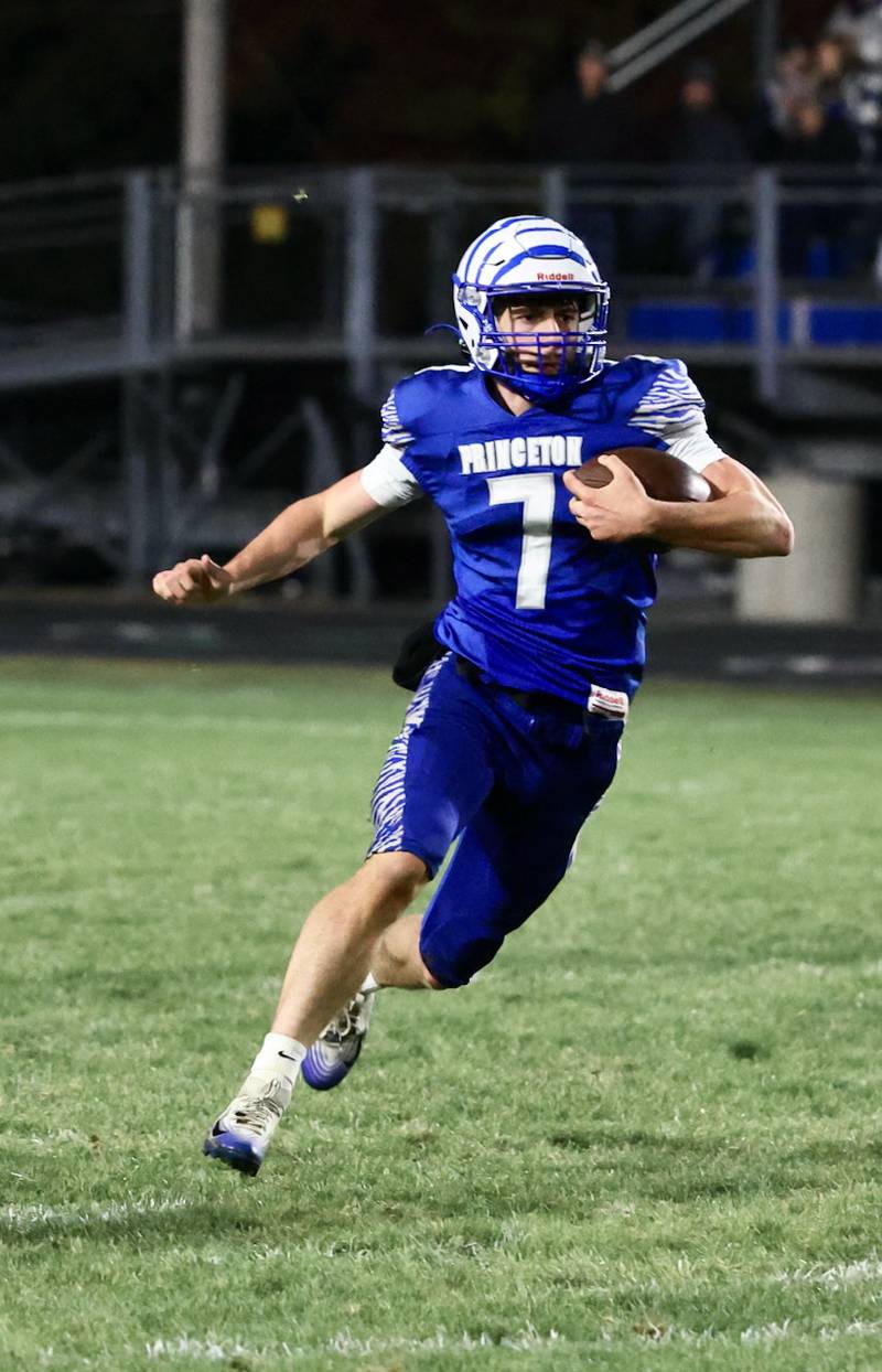 Princeton' Gavin Lanham runs the ball during the Tigers' 48-0 win over Erie-Prophetstown on Friday, Oct. 24, 2025 at Bryant Field in Princeton.