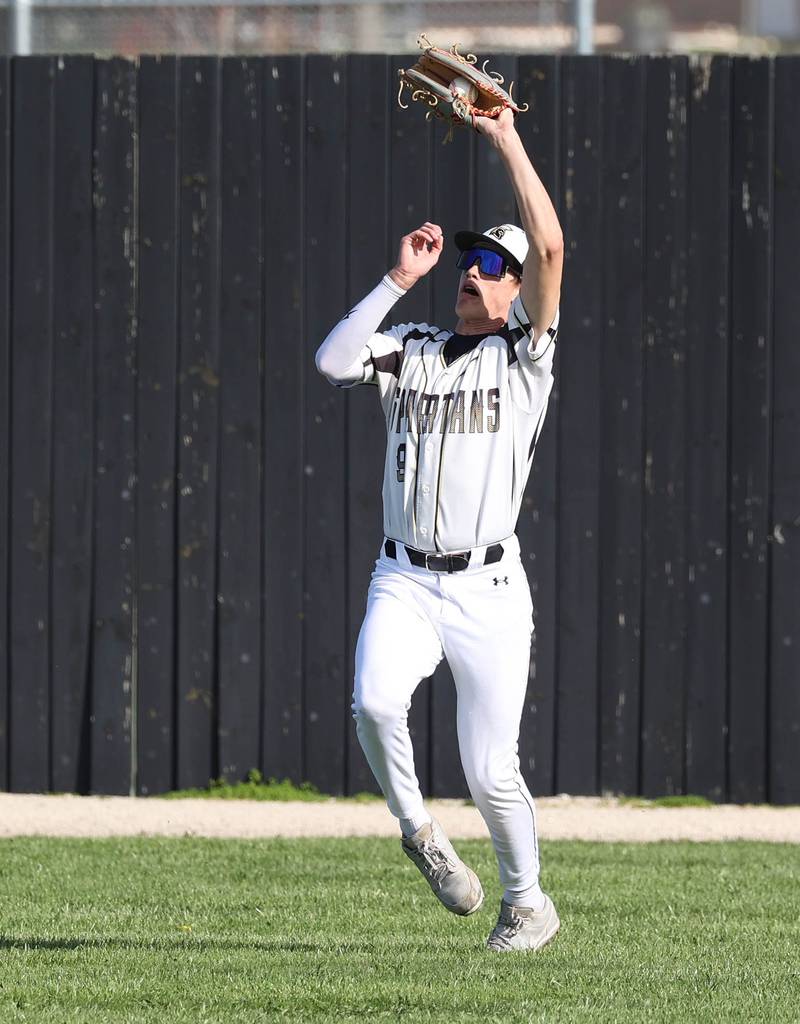 Sycamore's Jackson MacDonald makes a catch Wednesday, April 23, 2025, during their game against La Salle-Peru at the Sycamore Community Sports Complex.