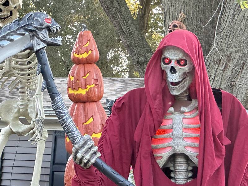 A view of a large light-up Halloween skeleton in the 1400 block of Shaft Street on Thursday, Oct. 17, 2024 in Streator.