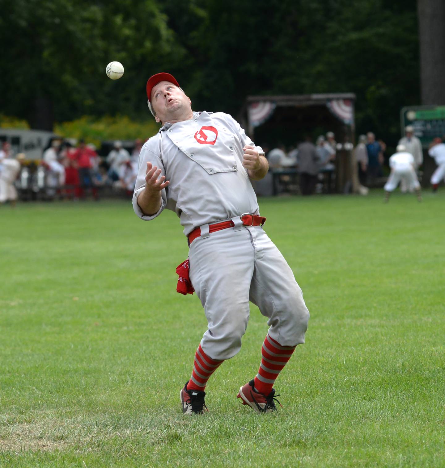 Aaron "Two Bits" Berg reacts to a pop at the 21st Annual World Tournament of Historic Base Ball in Dearborn, Michigan on Sunday, Aug. 11, 2024.