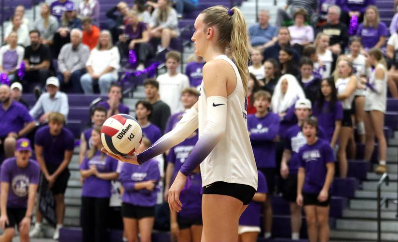 Hampshire’s Elizabeth King serves against Huntley in varsity girls volleyball at Hampshire High School in Hampshire on Tuesday, Sept. 23, 2025.