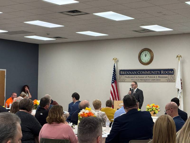 Minooka Village President Ric Offerman addresses the crowd at the Minooka State of the Village address on Thursday, April 3, 2025.