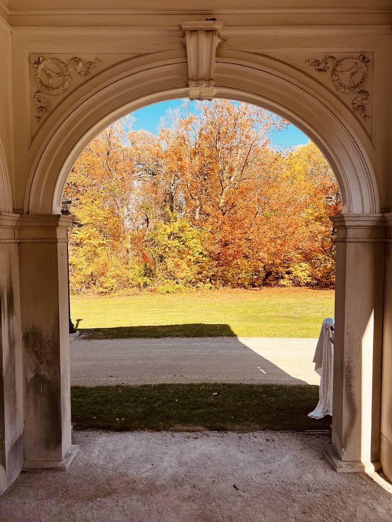Fall foliage stands out in stark color in this exterior photograph at the Ellwood House Museum in DeKalb.