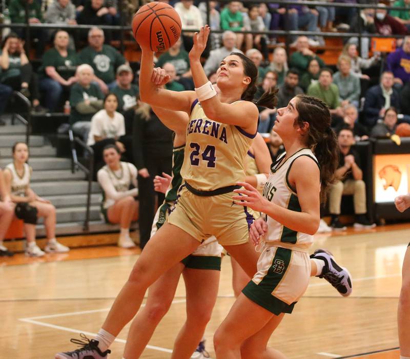 Serena's Paisley Twait eyes the hoop while running in the lane against St. Bede's Lily Bosnich during the Class 1A Sectional final game on Thursday, Feb. 22, 2024 at Gardner-South Wilmington High School.