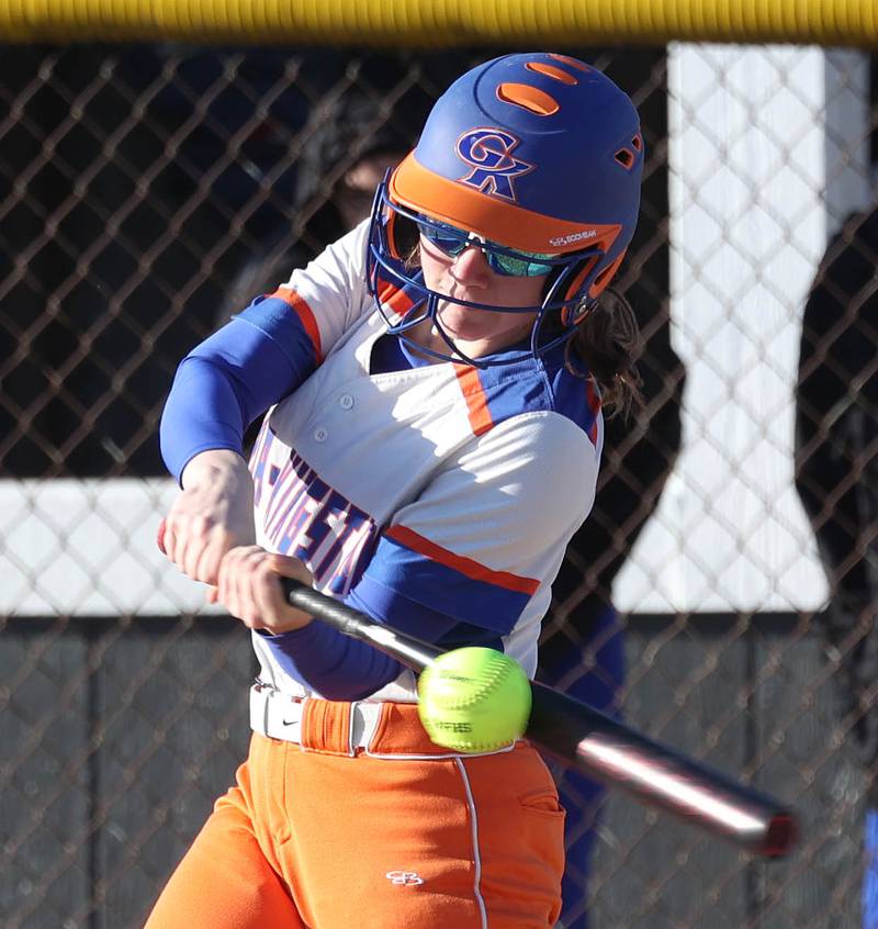 Genoa-Kingston's Lyla McKee makes contact Monday, March 23, 2026, during their game at Hinckley-Big Rock High School.