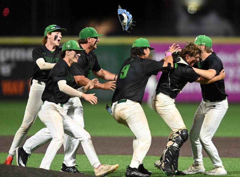 Providence players react to their 4-1 victory over Conant during the Class 4A state baseball championship game at Duly Health and Care Field on Saturday, June 8, 2024 in Joliet.
