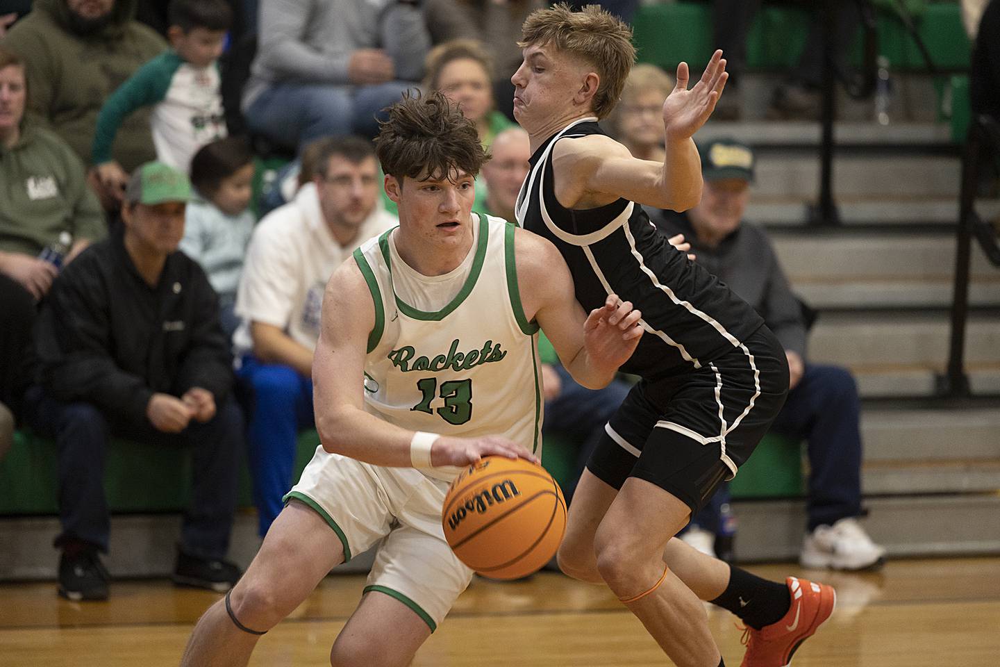 Rock Falls’ Ryken Howard drives against Byron’s Weston Auker Thursday, Dec. 5, 2024, at Rock Falls High School.
