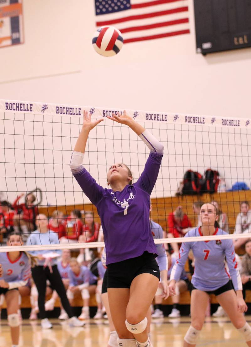 Rochelle's Meredith Bruns sets a ball during a match with Ottawa on Oct. 23-2025.