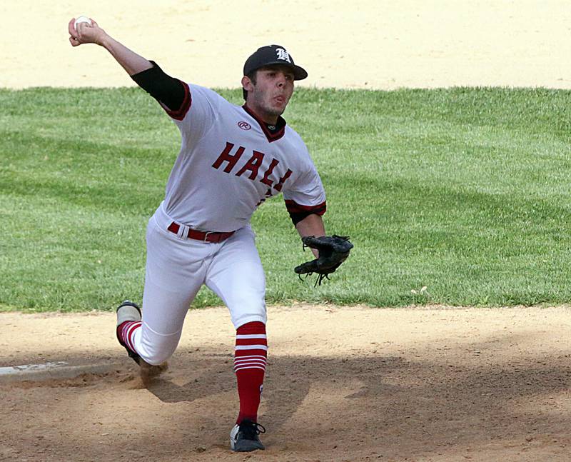 Hall's Trez Rybarczyk delivers a pitch to St. Bede.