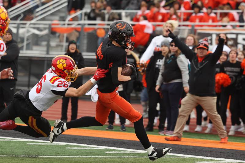 Lincoln-Way West’s Chase Markowicz scores after a catch against Batavia on Saturday, Nov. 9, 2024 in New Lenox.