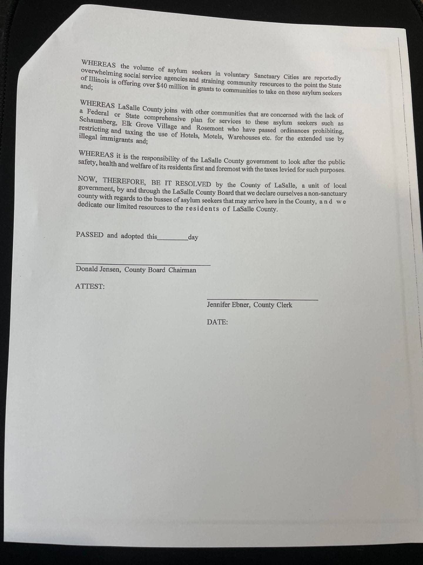 Page 2 of the 'no sanctuary' resolution placed Thursday, Jan. 11, 2024, before the La Salle County Board.