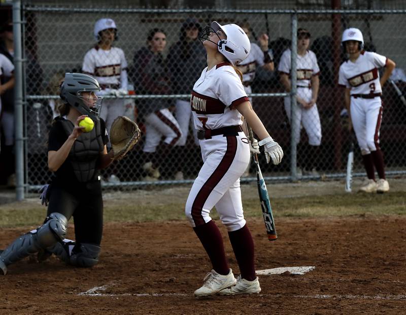 Richmond-Burton’s Kacie Taylor reacts to striking out during a nonconference softball game against Prairie Ridge on Tuesday, March 18, 2025, at Richmond-Burton High School.