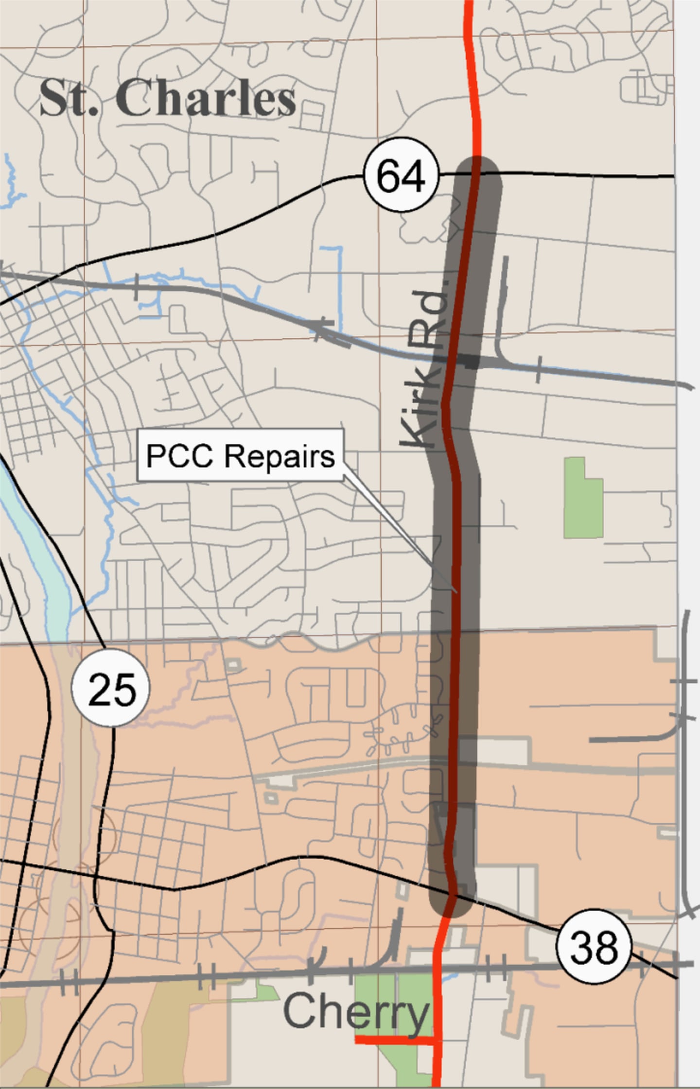 Starting the week of April 6, road repairs are being made along Kirk Road from Illinois Route 64 to Illinois Route 38 near the St. Charles area in Kane County.