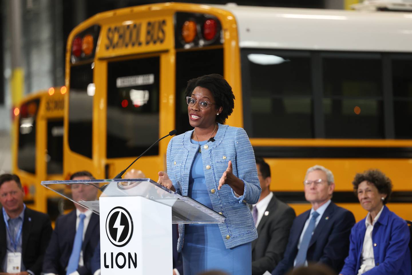 U.S. Representative Lauren Underwood, D-14, speaks at the grand opening of the Lion Electric manufacturing facility on Friday, July 21st, 2023 in Joliet.