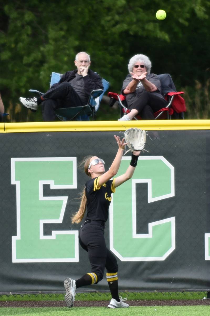 Reed-Custer's Avery Vanek catches a fly ball during the Class 2A Seneca Regional semifinals against Seneca Tuesday, May 19, 2026.