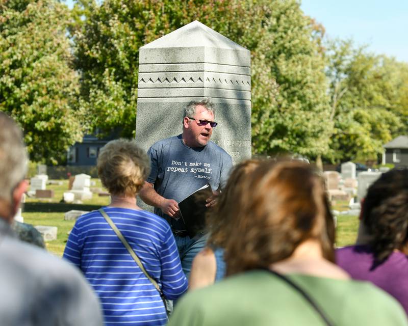 Joe McCormick speaks about Andrew Blanchard on Sunday Oct, 5, 2025, during the Etched in Stone cemetery walk held at Elmwood cemetery in Sycamore.