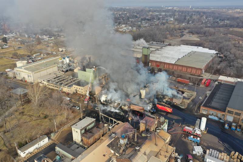 An aerial view of a massive fire at Carus Chemical Company on Wednesday, Jan. 11, 2023 in La Salle.