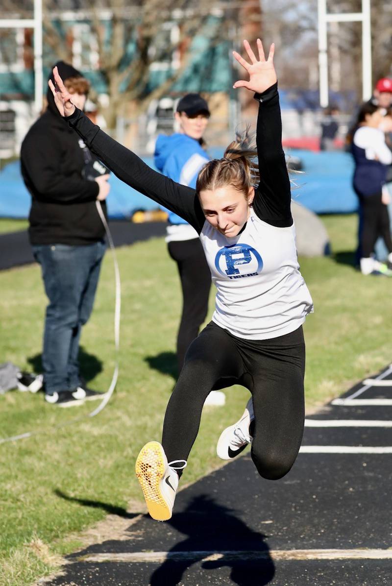 Princeton's Ashlyn Weber jumps in Thursday's Howard-Monier Girls Invitational at Princeton. She took first place.