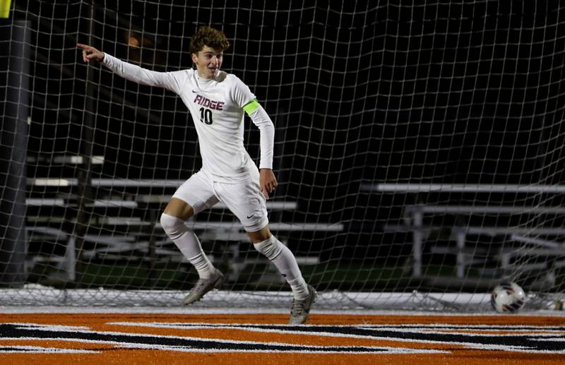 Prairie Ridge's Chase Santucci celebrates his goal against McHenry during a Fox Valley Conference soccer match on Tuesday, Oct. 15, 2024, at McCraken Field in McHenry.