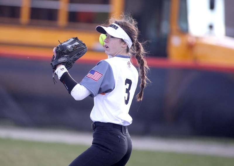 Wheaton Warrenville South’s Megan Gordon throws the ball in from right field during a home game against St. Charles North on Thursday, April 14, 2022.