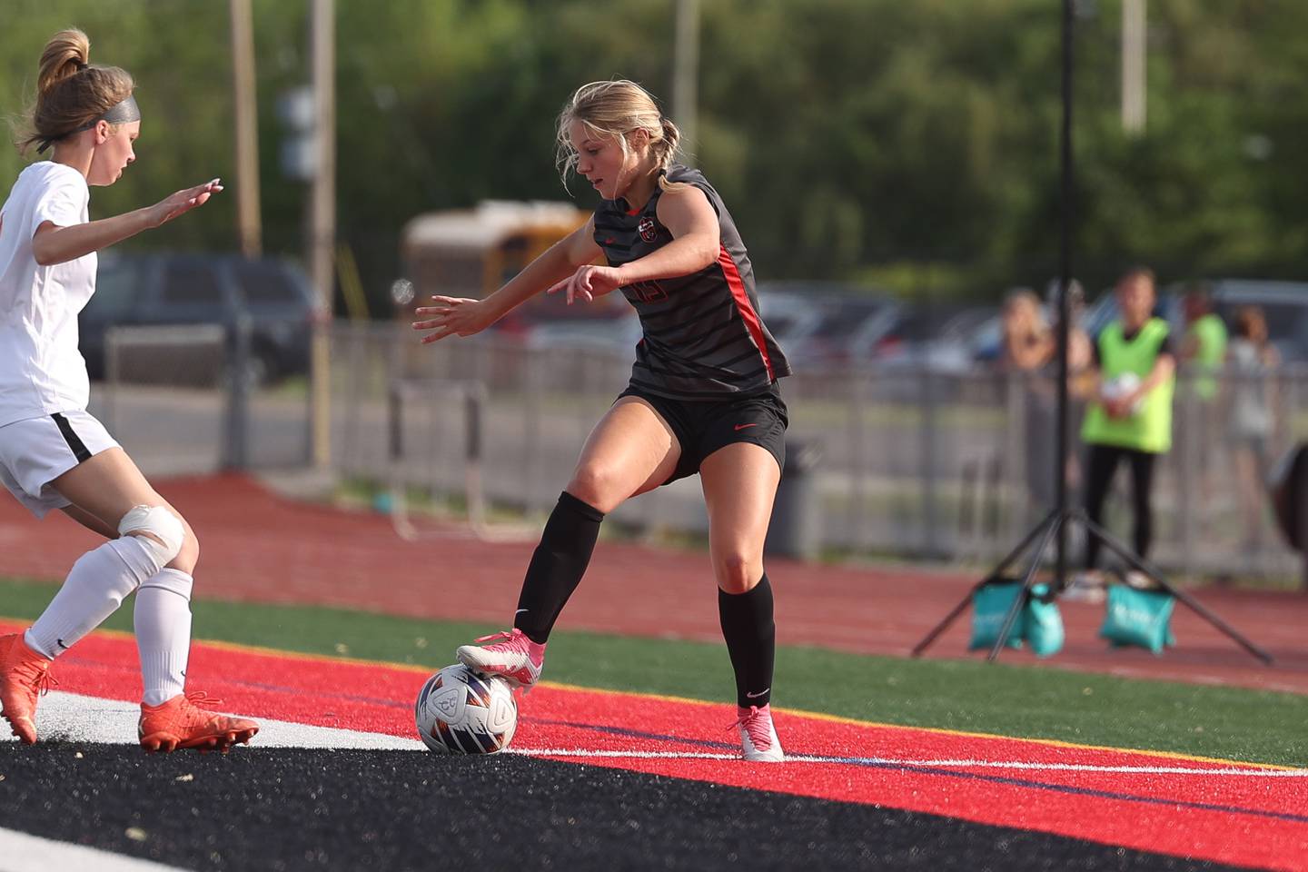 Lincoln-Way Central’s Jaylin Sustr works the ball against Shepard in the Class 3A Lincoln-Way Central Regional semi-final on Tuesday, May 16, 2023 in New Lenox.