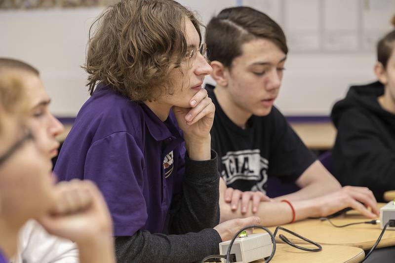 Dixon High School senior Thomas Stauter concentrates on a question during practice for scholastic bowl regionals Thursday, March 2, 2023 at Dixon High School.