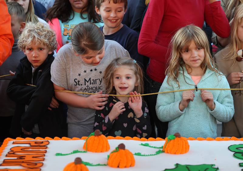 Kids are excited for a treat before the cake cutting ceremony Wednesday, Oct. 23, 2024, near the DeKalb County Courthouse during the Sycamore Pumpkin Festival. The cake was donated by the Sycamore Hy-Vee.