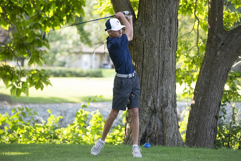 Sterling’s Troy Lawrence drives off the #5 tee against Rock Falls on Sept. 14, 2022.