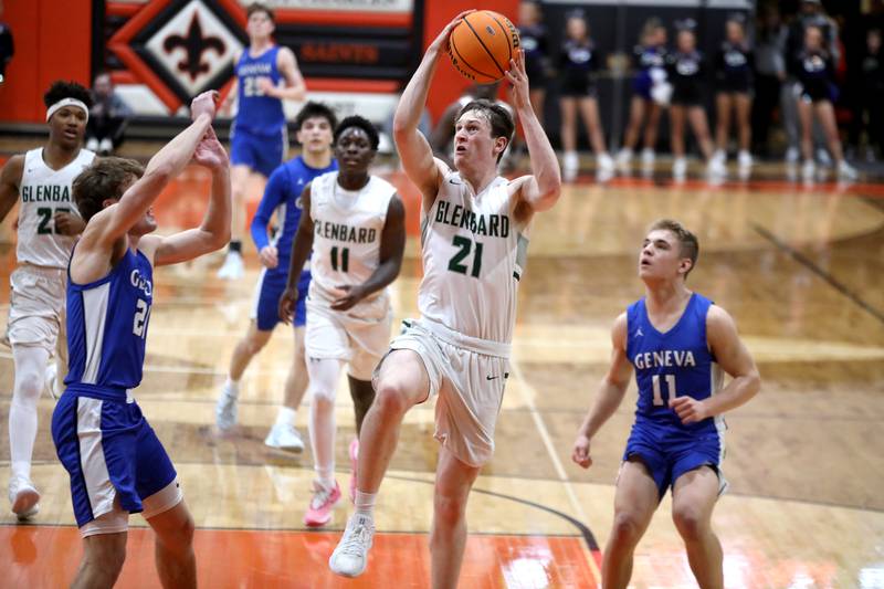 Glenbard West's Bryce Huff goes up for a shot during the Class 4A St. Charles East Sectional final against Geneva on Friday, March 7, 2025 in St. Charles.