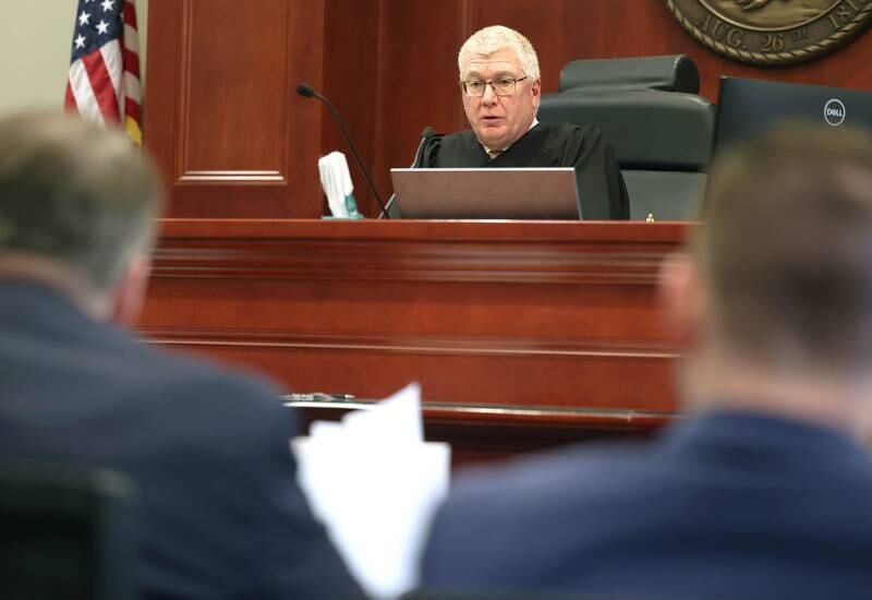 DeKalb County Circuit Court Judge Philip Montgomery speaks to prosecutors during the pretrial hearing of Matthew L. Martin Thursday, April 3, 2025, at the DeKalb County Courthouse in Sycamore. Martin is charged with robbing a DeKalb bank in July 2024.