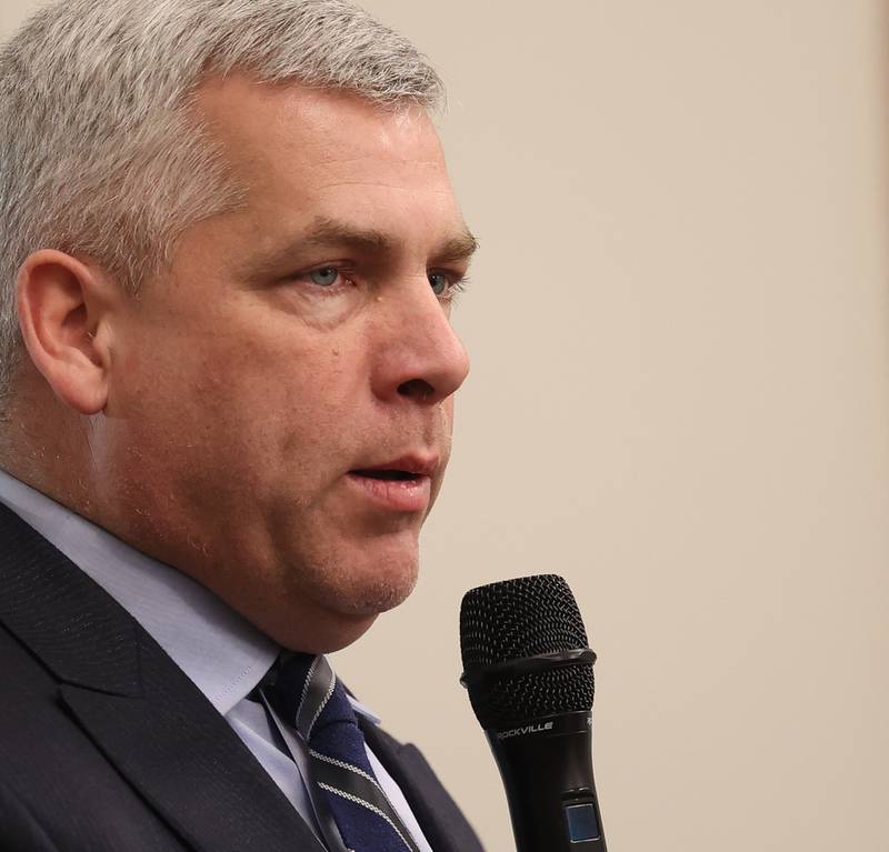 Joliet mayor Bob O’Dekirk answers a question at a forum for the candidates at the Joliet Public Library on Tuesday, March 28th, 2023 in Joliet.