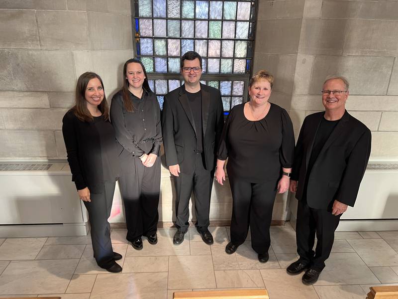 Choral directors whose ensembles will participate in the St. Charles
Singers Choral Connections concerts Feb. 21 & 22 assemble at Baker Memorial United Methodist Church in St. Charles,
the performance venue.
From left: Christina Collins,William
Fremd High School; Lydia Walsh
Rock and Brian Smith, West Aurora High School; Laura Johnson, Glenbard North High School; and Jeffrey Hunt, St. Charles Singers.