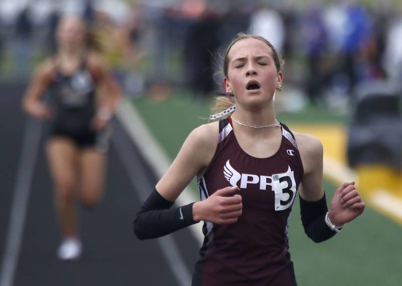 Prairie Ridge’s Maia Lancaster finishes the 3200 meter run during the IHSA Class 2A Johnsburg Girls Track and Field Sectional Meet on Wednesday, May 13, 2026, at Johnsburg High School.