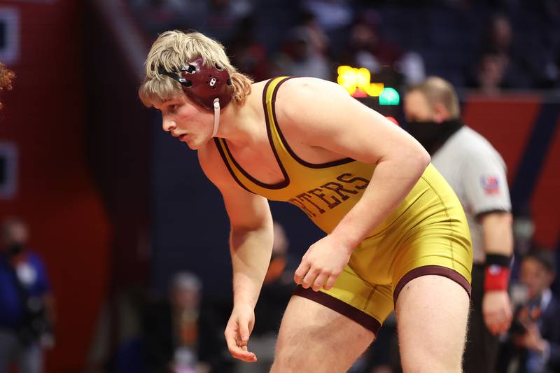 Lockport’s Andrew Blackburn-Forst faces off against Marist’s Ghee Rachal in the Class 3A 220lb. championship match at State Farm Center in Champaign. Saturday, Feb. 19, 2022, in Champaign.