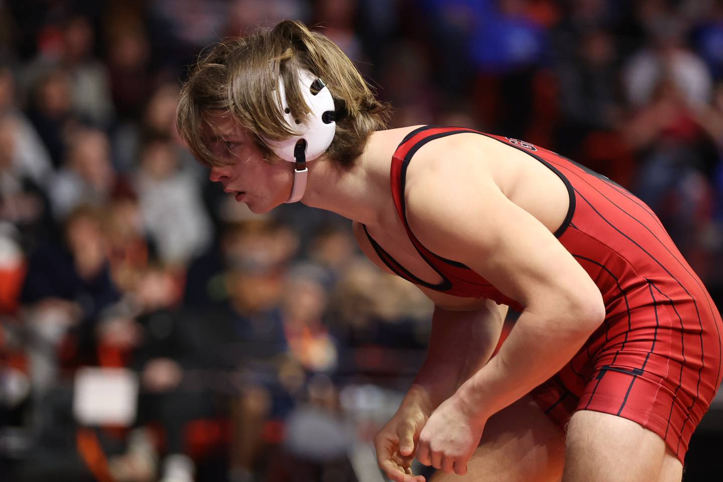 Erie-Prophetstown’s Jase Grunder faces off against Lena Winslow’s Garrett Luke in the Class 1A 145lb. semifinals at State Farm Center in Champaign. Friday, Feb. 18, 2022, in Champaign.