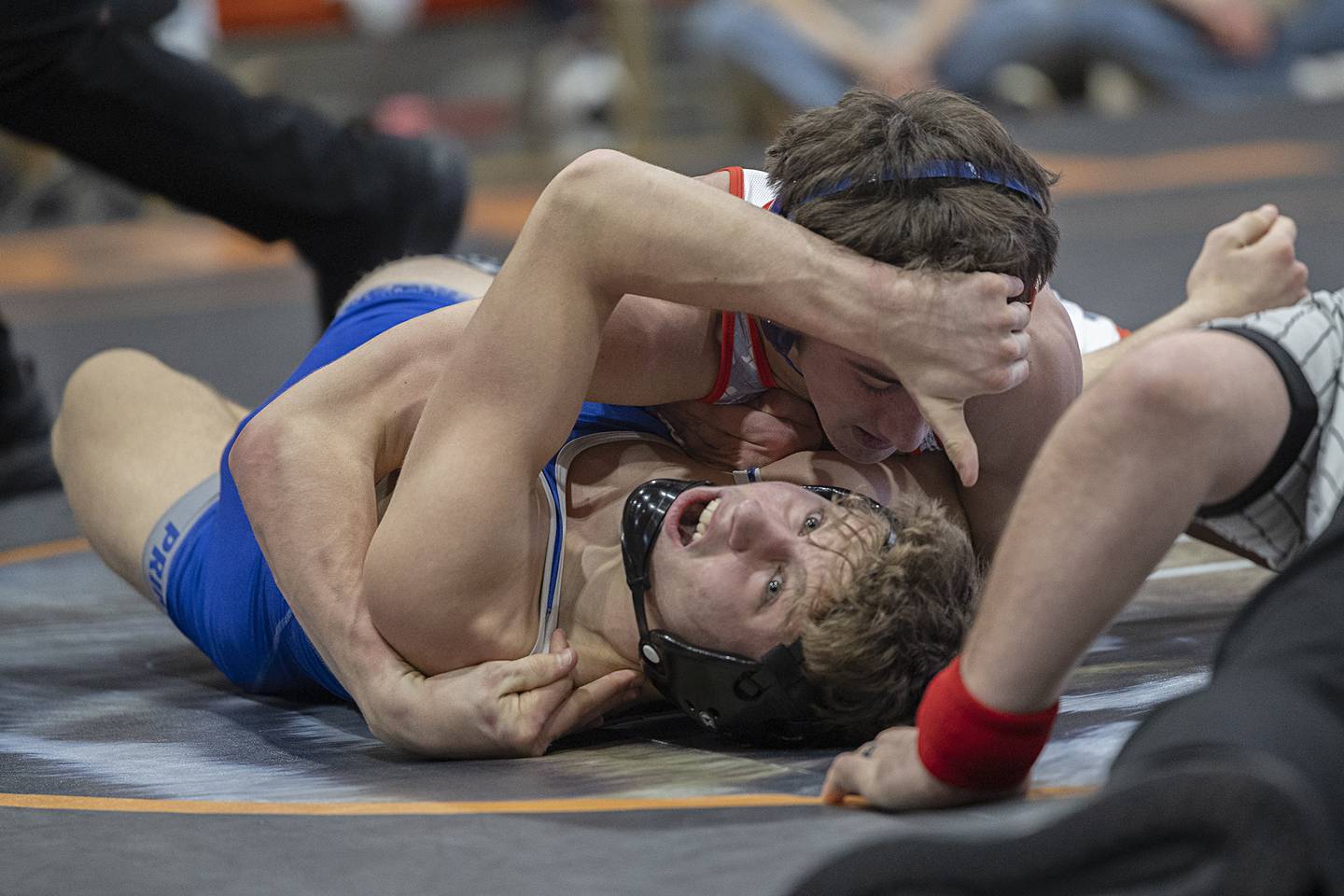 After trailing most of the match Oregon’s Nelson Benesh pins Princeton’s Kane Dauber with just 7 seconds left in the 138 pound first place match Saturday, Feb. 14, 2026, during the Class 1A wrestling sectionals in Byron.