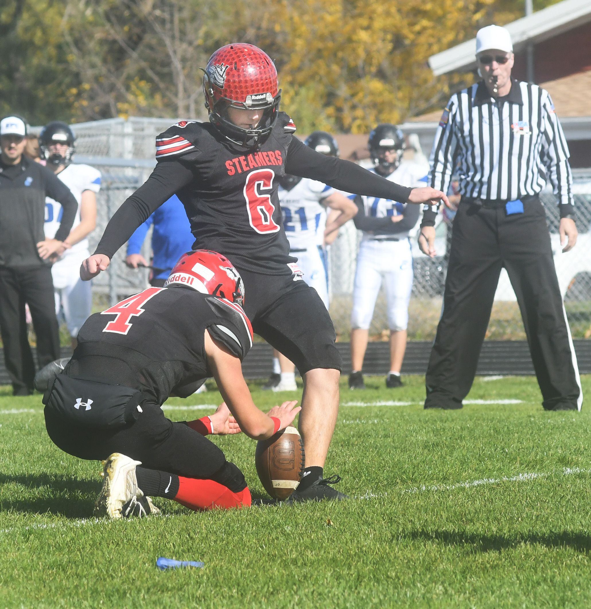 Fulton's Endi Qunaj kicks an extra point during a game last fall in Fulton. Qunaj will play in the 2023 Illinois Shrine Game.