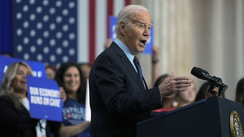 President Joe Biden delivers remarks on proposed spending on child care and other investments in the "care economy" during a rally at Union Station, Tuesday, April 9, 2024, in Washington. (AP Photo/Evan Vucci)