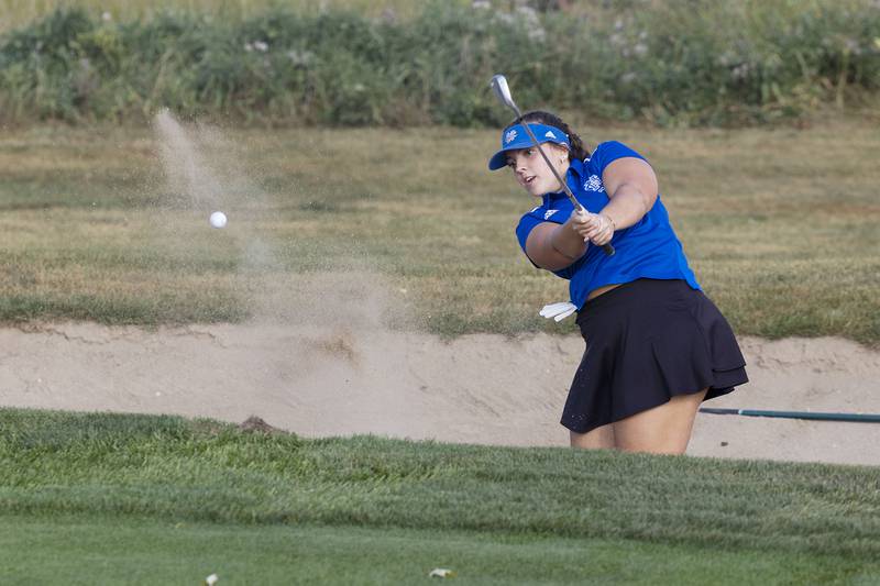 Newman’s Hannah Britt comes out of the bunker on #2 at Emerald Hill Wednesday, Sept. 24, 2025.