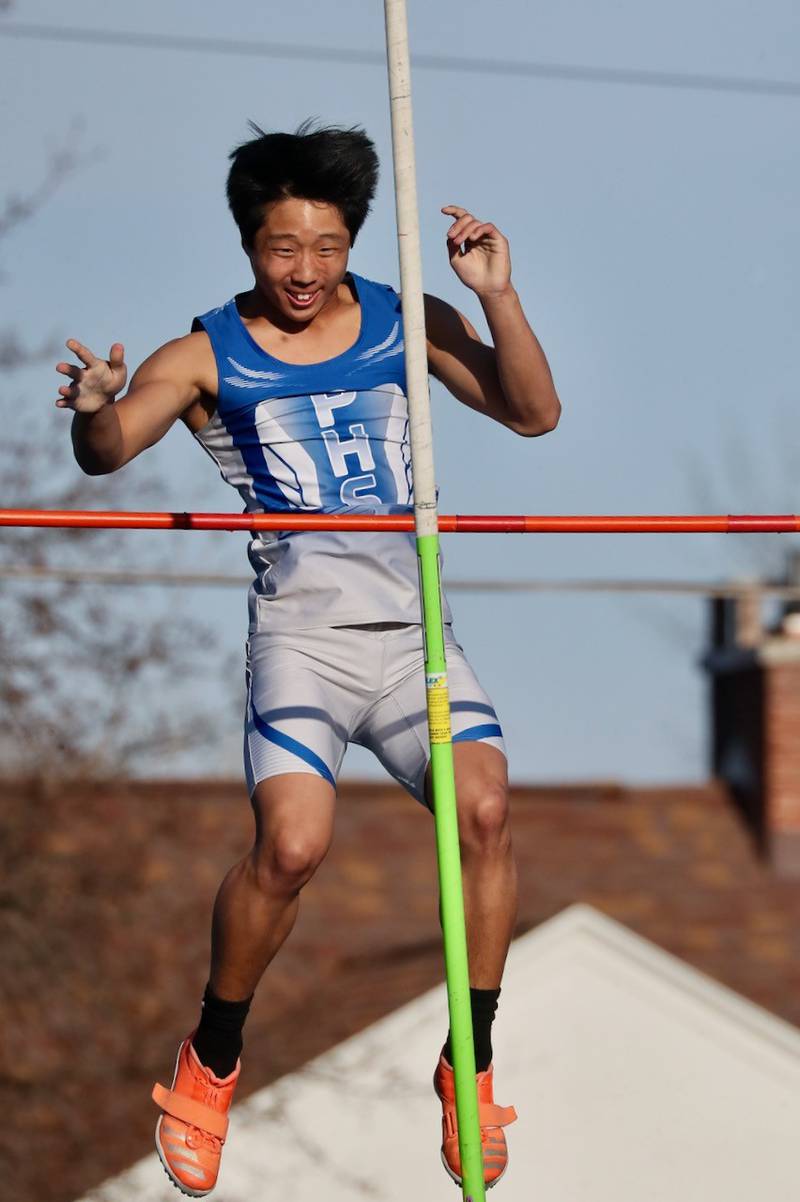 Princeton senior Andrew Peacock clears the bar to win the pole vault in Tuesday's Howard-Monier Invite at Princeton.
