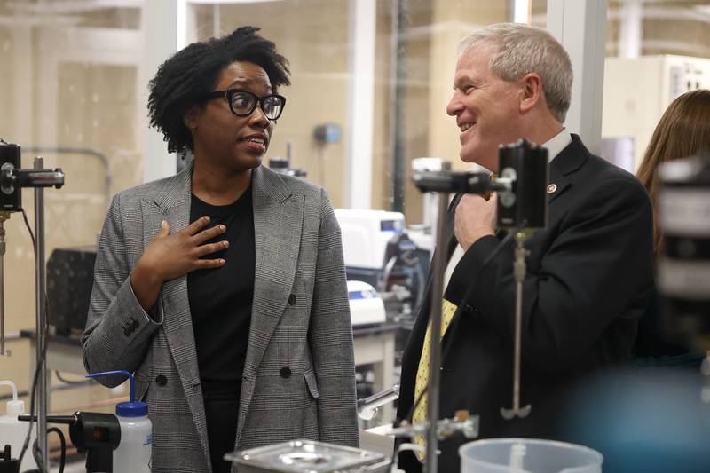 Illinois District 14 Representative Lauren Underwood speaks with Lewis University President Dr. David Livingston at the new semiconductor lab currently under construction on Tuesday, Jan 28, 2025 in Romeoville.