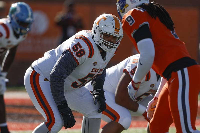 Tennessee offensive lineman Darnell Wright plays during the Senior Bowl, Saturday, Feb. 4, 2023, in Mobile, Ala.