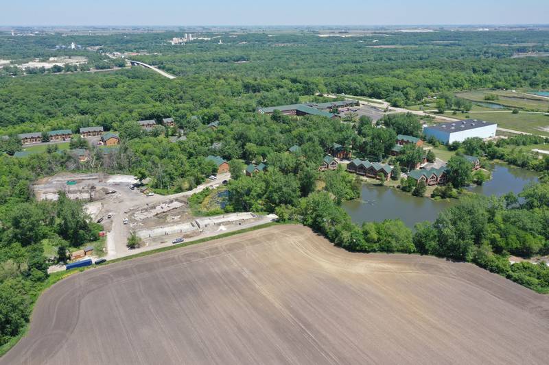 An aerial view of the site where a major fire broke out one-year later at Grand Bear Resort at Starved Rock on Friday, May 28, 2023 .