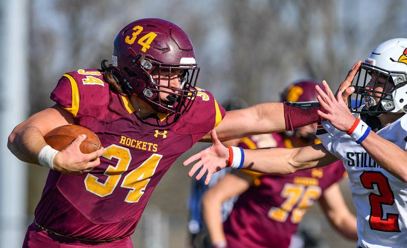 Richmond-Burton's Brock Wood fends off Stillman Valley's Madix Barrett during their IHSA Class 4A playoff game on Saturday, Nov. 6, 2021 in Richmond