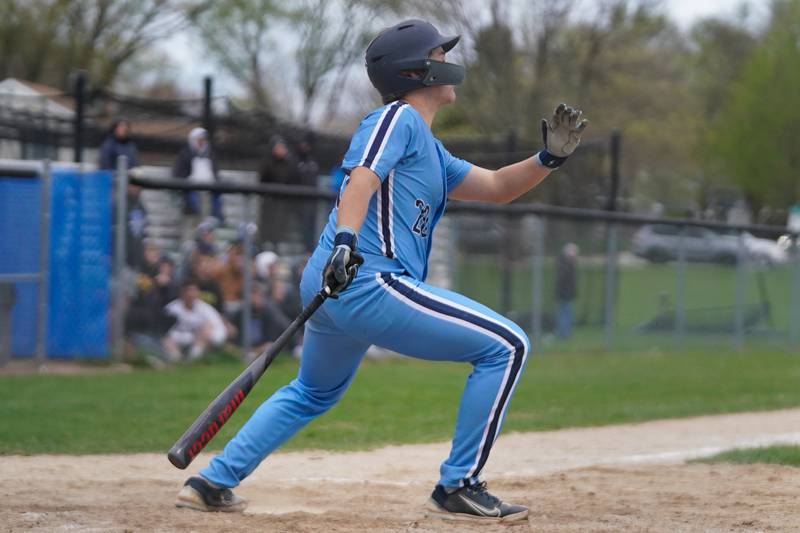 Lake Park's Christopher Ray (20) hits a two run double against Geneva during a baseball game at Geneva High School on Wednesday, April 17, 2024.