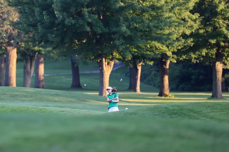 Bishop McNamara's Maggie Manes hits toward the green during the Fightin' Irish's 219-235 loss to Bradley-Bourbonnais in the All-City matchup at the Kankakee Elks Country Club on Thursday, Aug. 28, 2025.