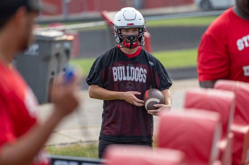 Jon Davis of Streator holds football during practice on Monday, August 11, 2025 at Streator High School in Streator.