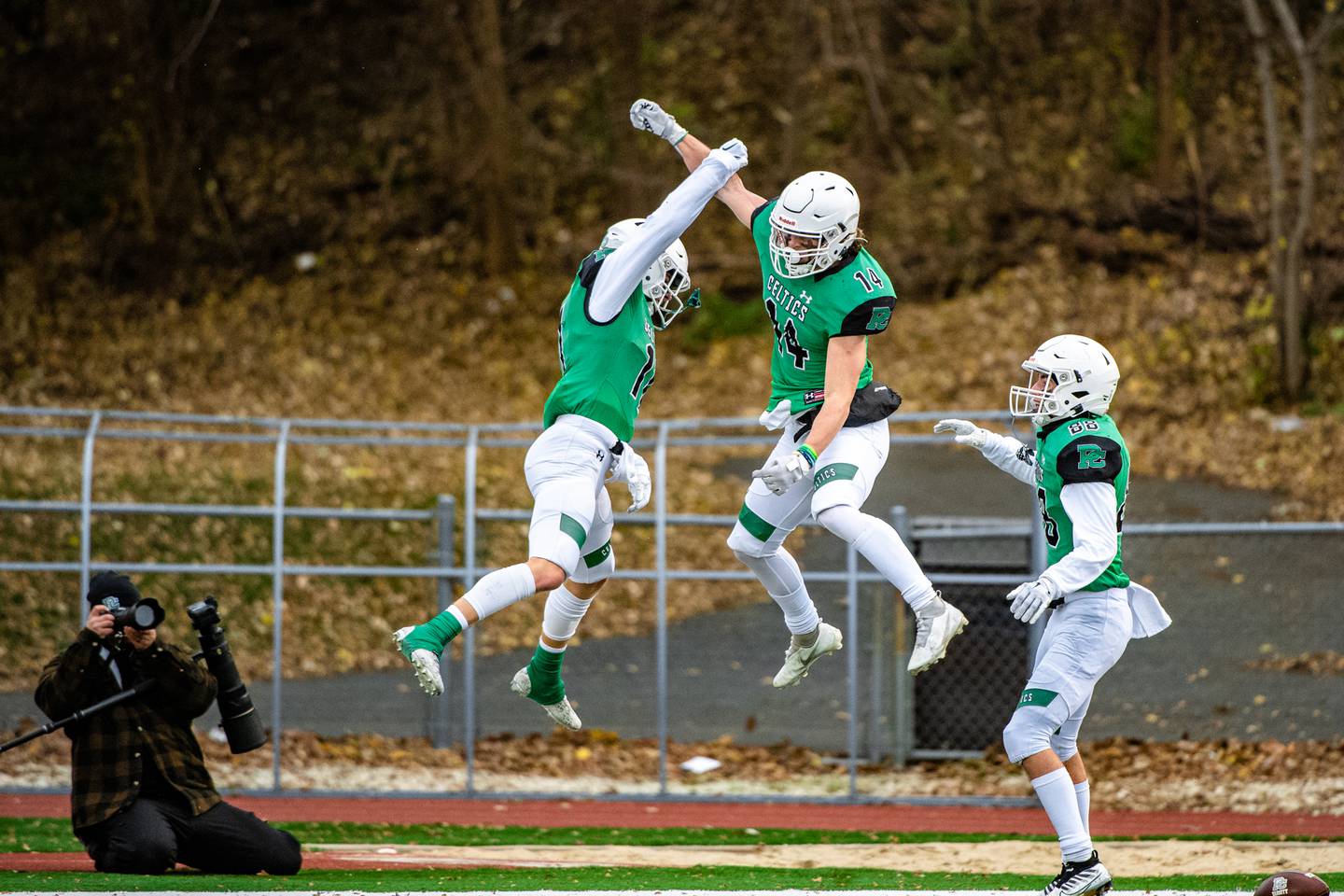 Providence Catholics Alex Gibson and Jack Tess celebrate Gibsons touchdown during the 3rd round IHSA Class 4A playoff game against Richmond Burton Saturday Nov. 12, 2022 at Providence Catholic High School in New Lenox